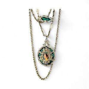 Vintage Layered Gold Tone Green Enamel Cameo Female Portrait Pendant Necklace